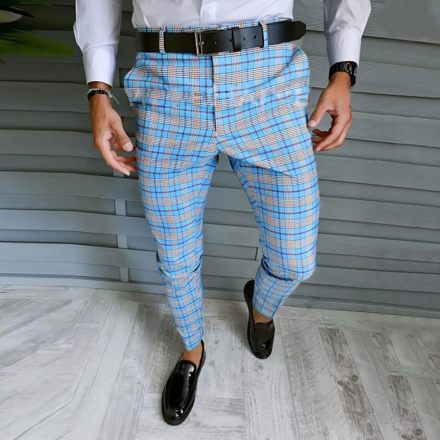 Mens Fashion Plaid Dress Pencil Pants Slim Fit Stretch Flat-Front Business Suit Pants Business Work Chinos Golf Pant