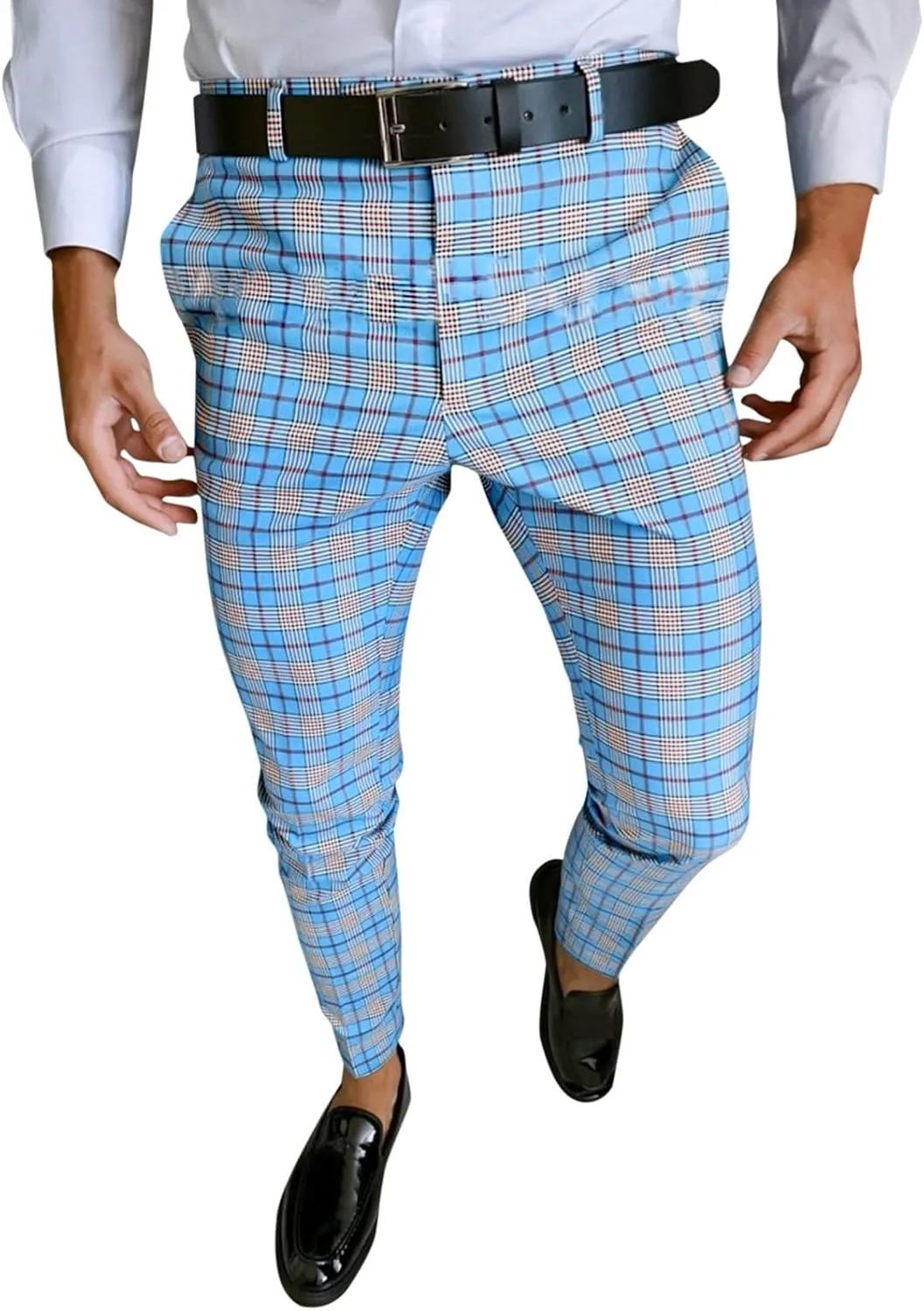 Mens Fashion Plaid Dress Pencil Pants Slim Fit Stretch Flat-Front Business Suit Pants Business Work Chinos Golf Pant