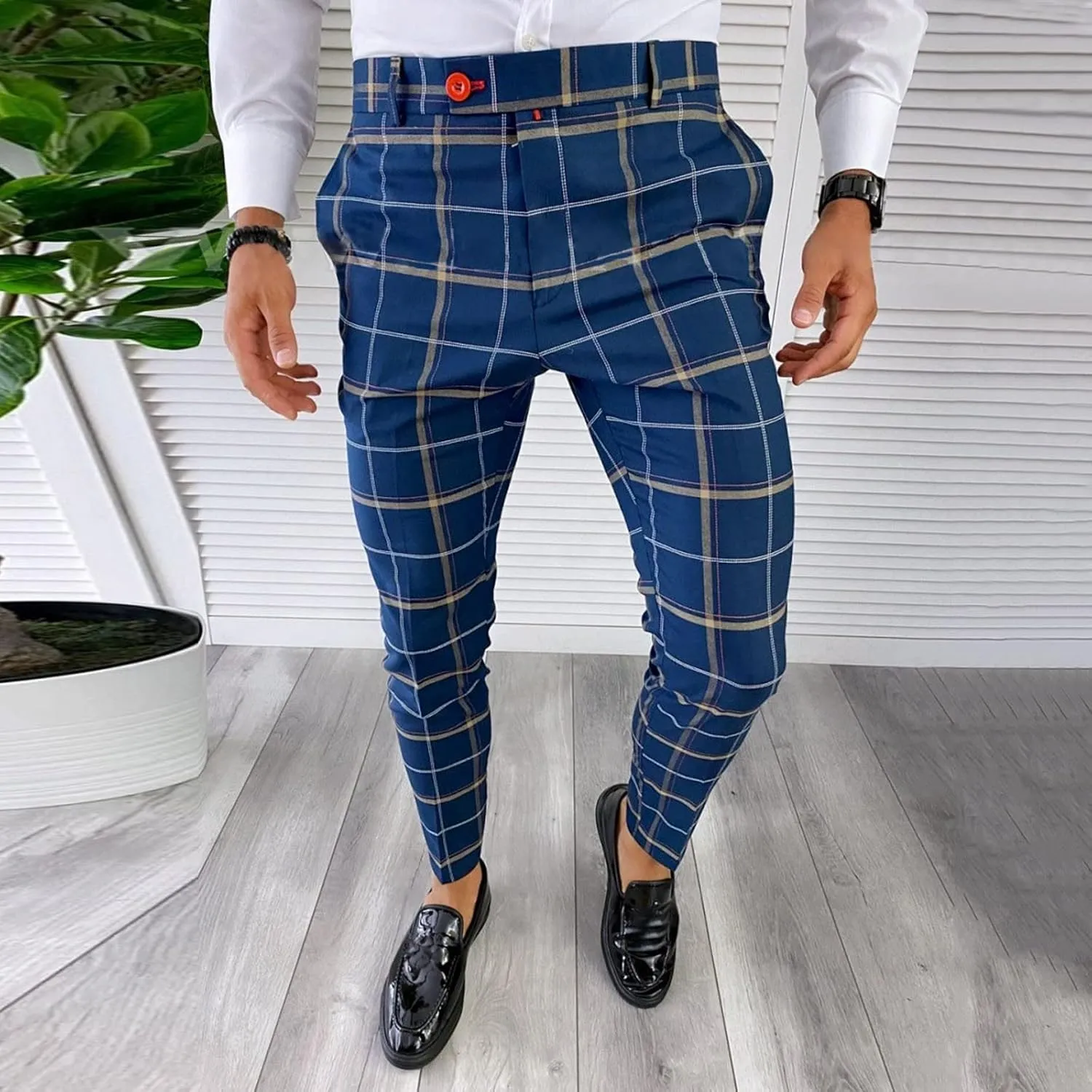 Mens Fashion Plaid Dress Pencil Pants Slim Fit Stretch Flat-Front Business Suit Pants Business Work Chinos Golf Pant