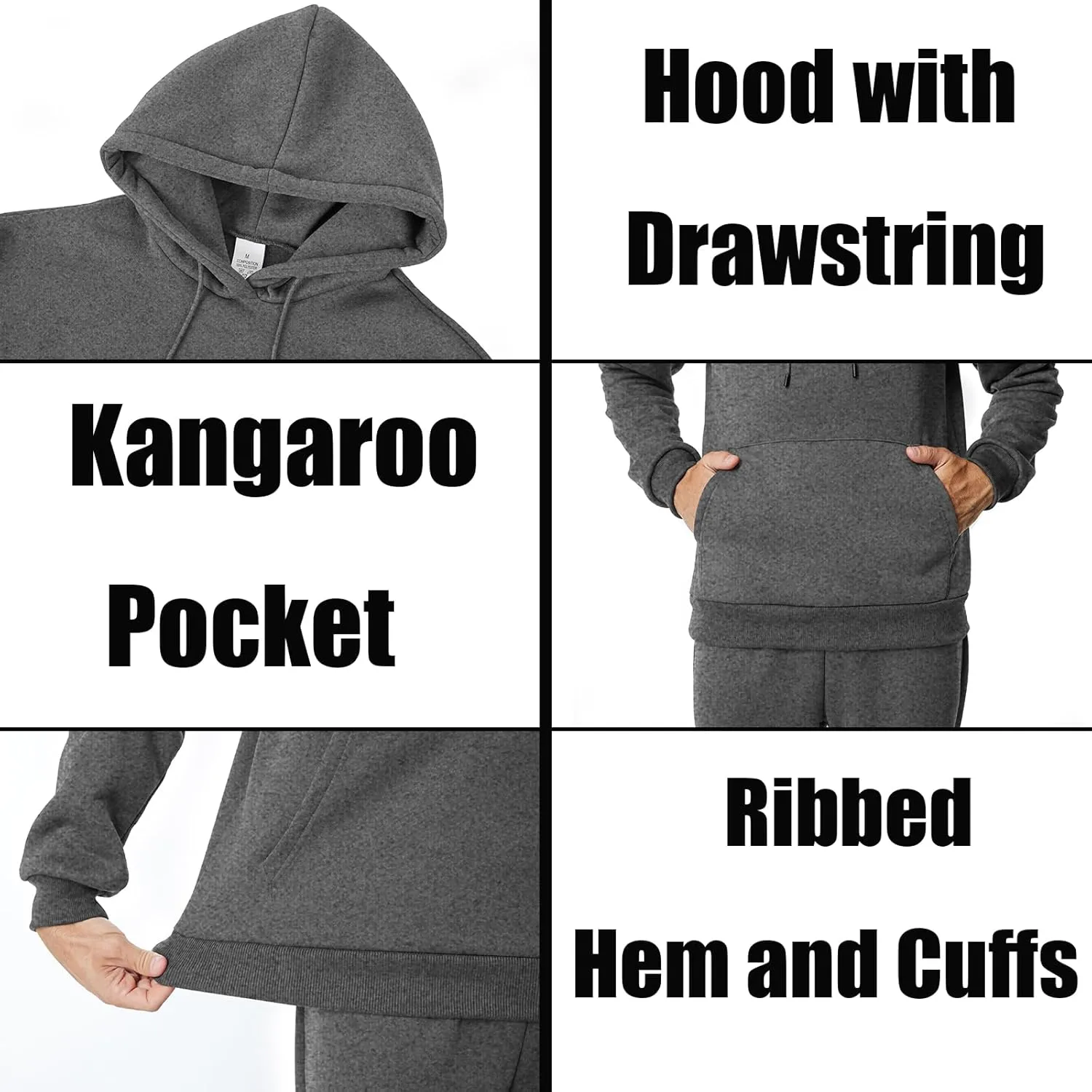 Mens Hooded Sweatshirt Casual Long Sleeve Fleece Hoodies Drawstring Workout Pullover with Kanga Pocket