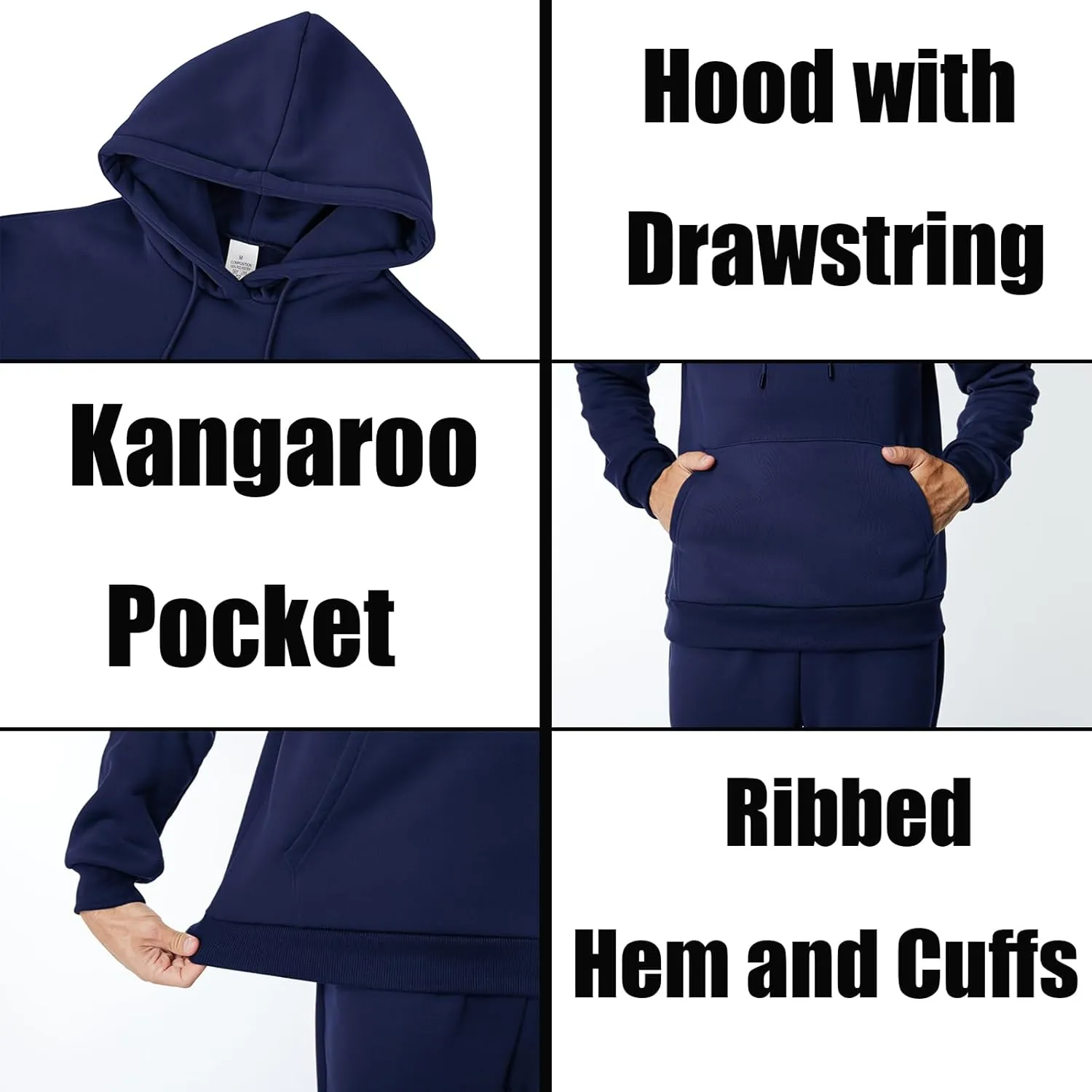 Mens Hooded Sweatshirt Casual Long Sleeve Fleece Hoodies Drawstring Workout Pullover with Kanga Pocket