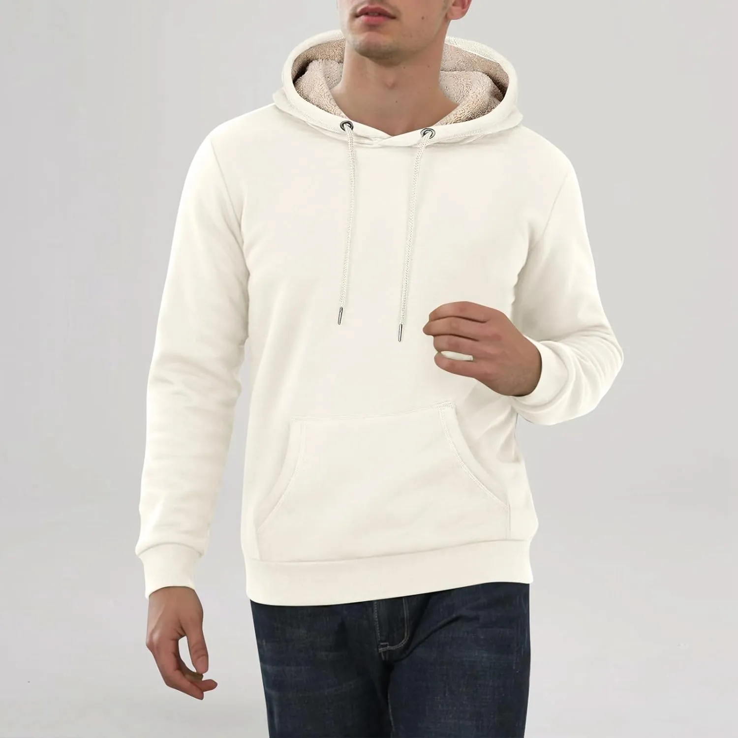 Men's Pullover Heavy Hoodie Sherpa Fleece Lined Kangaroo Pocke Winter Warm Solid Hooded Athletic Sweatshirt