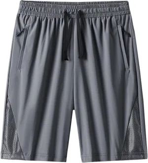 Men's Quick Dry Shorts Casual Solid Drawsting Elastic Waisted Mesh Running Short Pants with Pockets