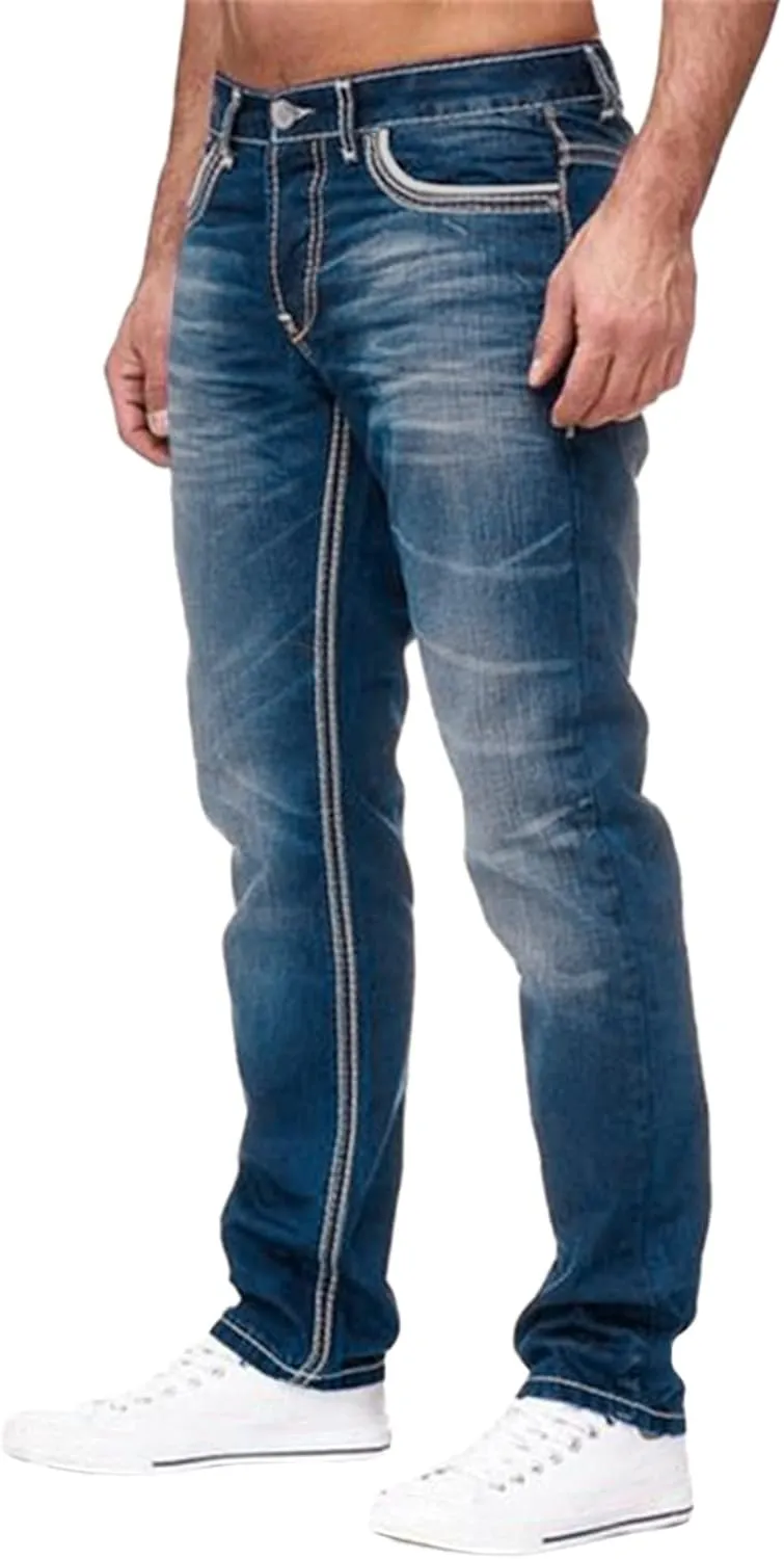 Mens Relaxed Fit Denim Jeans Distressed Stretch Straight Leg Denim Pants Washed Western Cowboys Casual Jean Jegggings