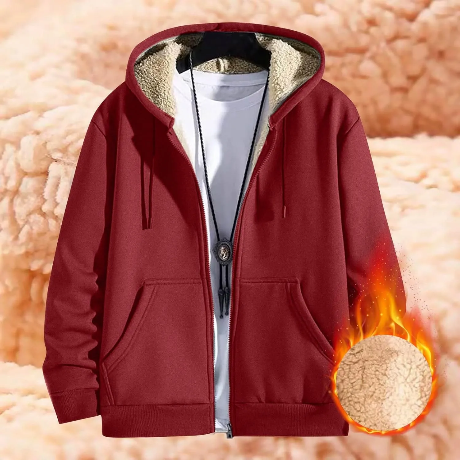 Mens Sherpa Hoodie Full-Zip Heavyweight Casual Sweatshirt Thermal Thick Fleece Hoodies
