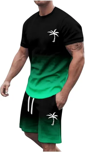 Men's Shorts Set 2 Piece Outfits Fashion Palm Print Short Sleeve Shirt and Bermuda Shorts Summer Casual Tracksuits