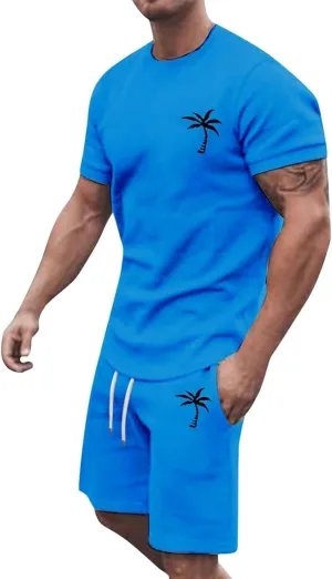 Men's Shorts Set 2 Piece Outfits Fashion Palm Print Short Sleeve Shirt and Bermuda Shorts Summer Casual Tracksuits