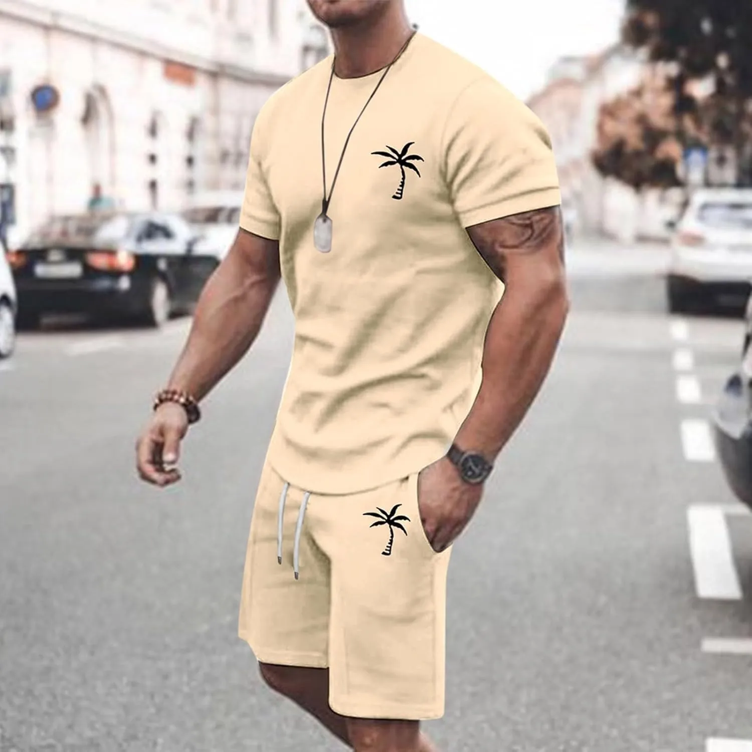 Men's Shorts Set 2 Piece Outfits Fashion Palm Print Short Sleeve Shirt and Bermuda Shorts Summer Casual Tracksuits