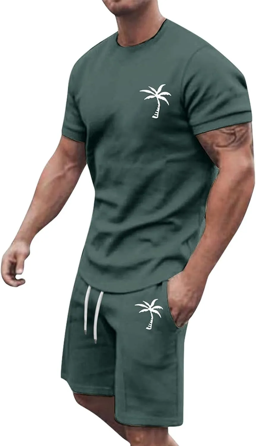 Men's Shorts Set 2 Piece Outfits Fashion Palm Print Short Sleeve Shirt and Bermuda Shorts Summer Casual Tracksuits