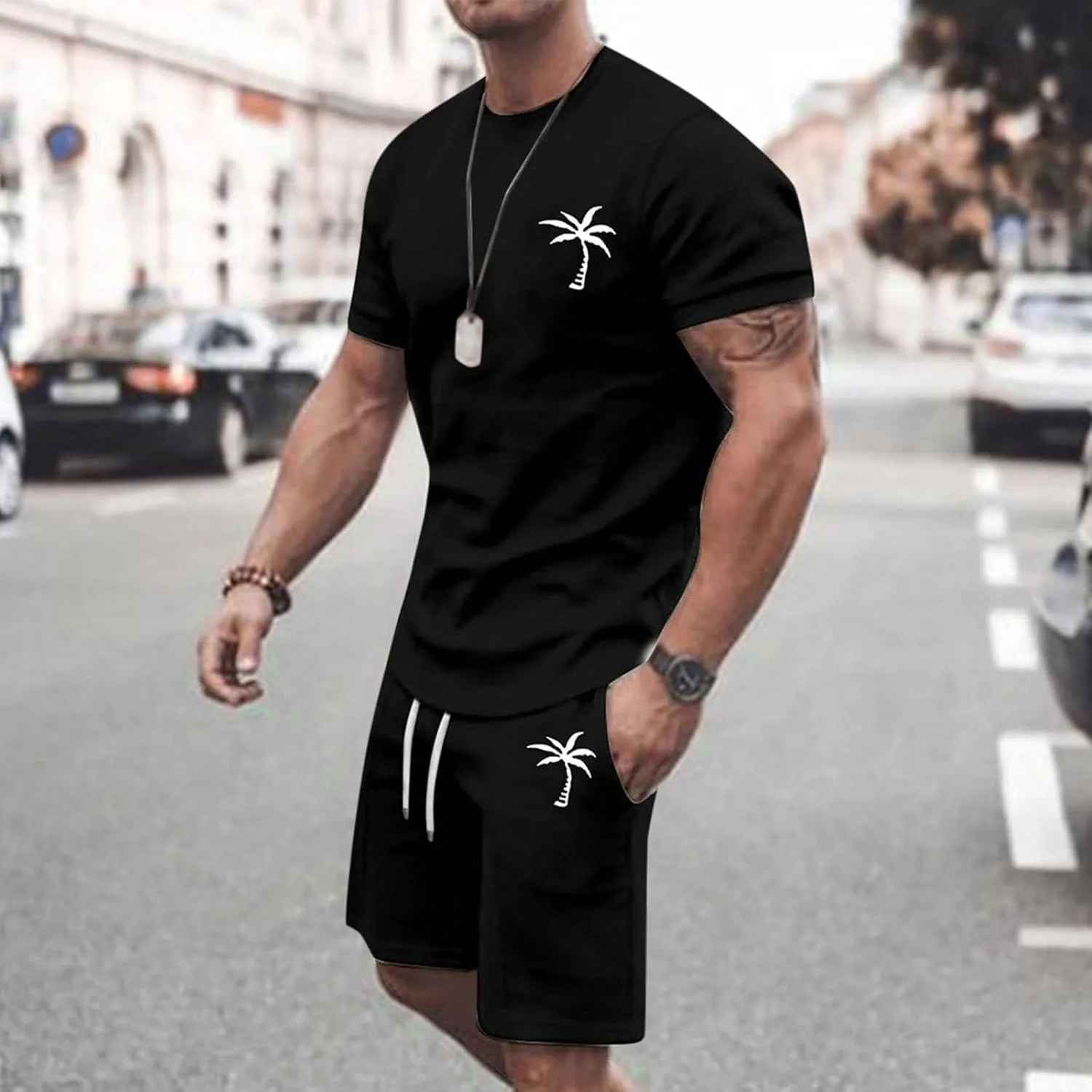 Men's Shorts Set 2 Piece Outfits Fashion Palm Print Short Sleeve Shirt and Bermuda Shorts Summer Casual Tracksuits