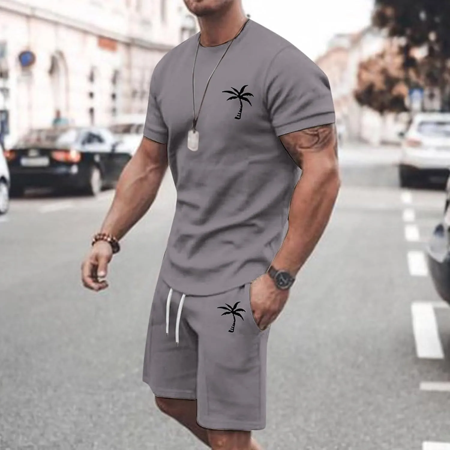 Men's Shorts Set 2 Piece Outfits Fashion Palm Print Short Sleeve Shirt and Bermuda Shorts Summer Casual Tracksuits
