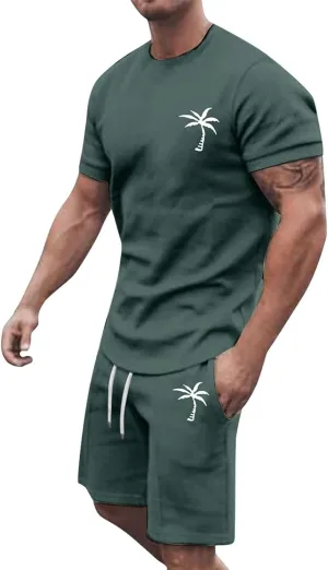 Men's Shorts Set 2 Piece Outfits Fashion Palm Print Short Sleeve Shirt and Bermuda Shorts Summer Casual Tracksuits