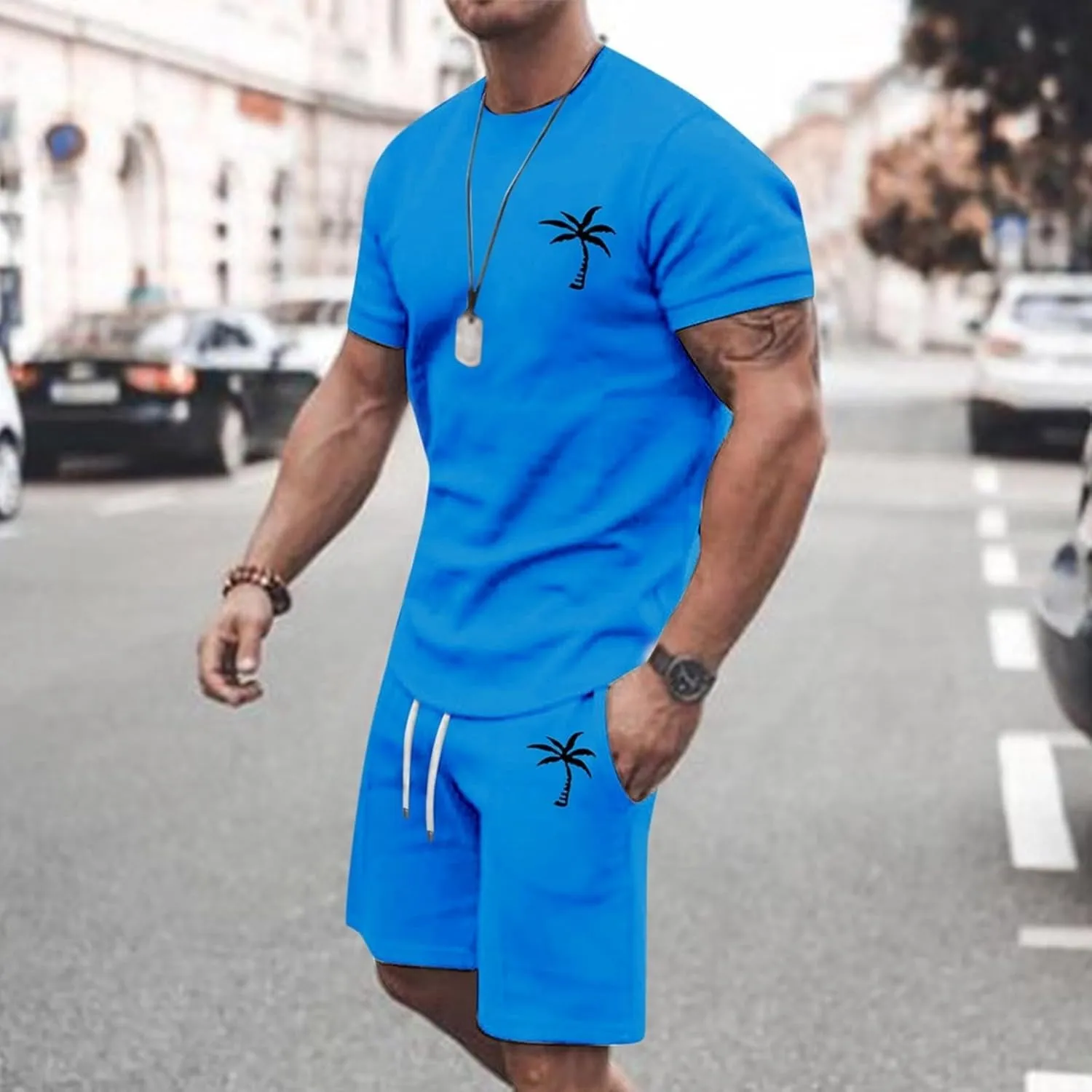 Men's Shorts Set 2 Piece Outfits Fashion Palm Print Short Sleeve Shirt and Bermuda Shorts Summer Casual Tracksuits