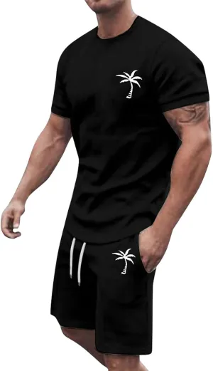 Men's Shorts Set 2 Piece Outfits Fashion Palm Print Short Sleeve Shirt and Bermuda Shorts Summer Casual Tracksuits