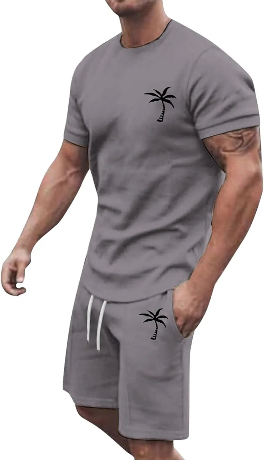 Men's Shorts Set 2 Piece Outfits Fashion Palm Print Short Sleeve Shirt and Bermuda Shorts Summer Casual Tracksuits