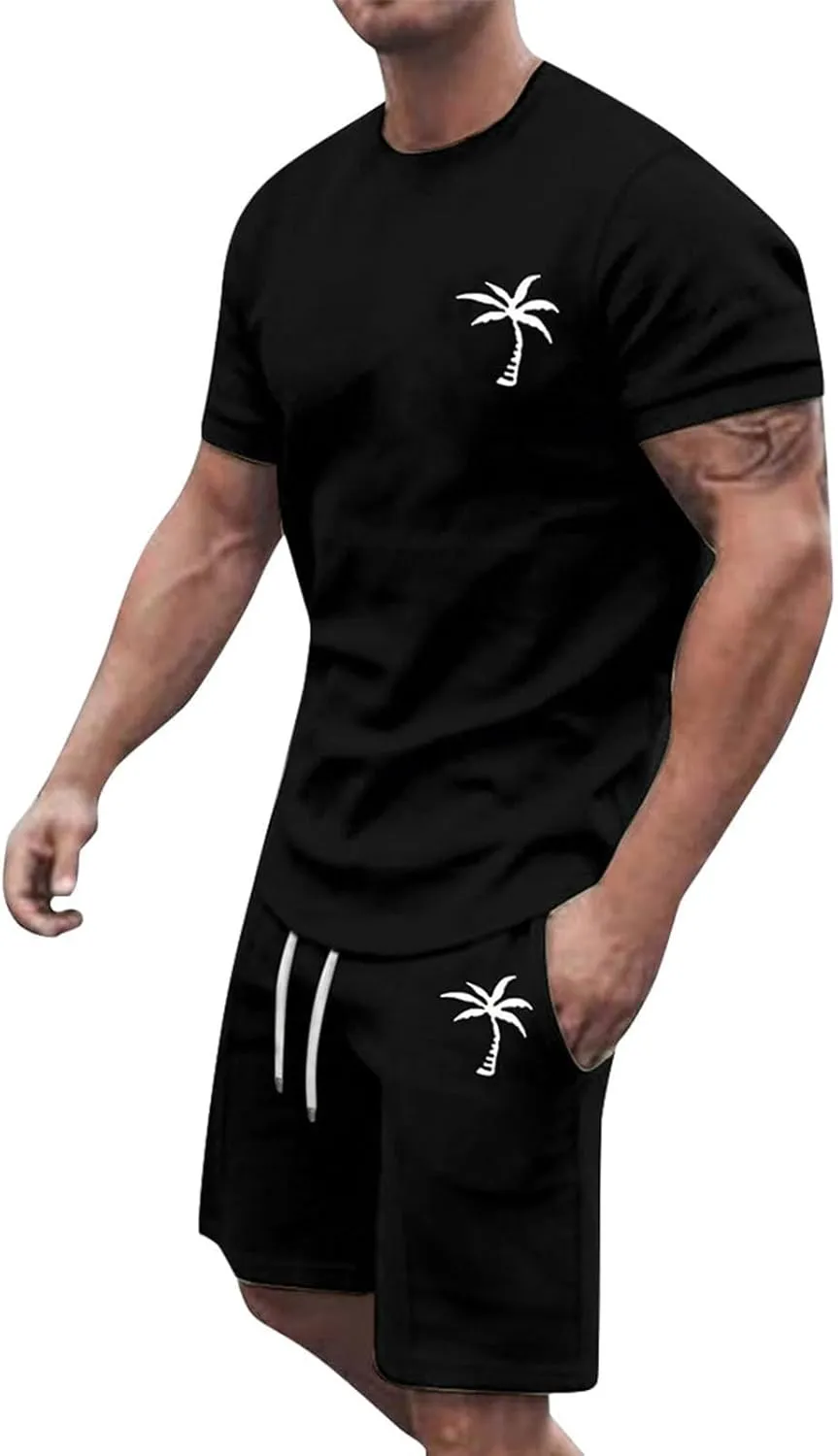 Men's Shorts Set 2 Piece Outfits Fashion Palm Print Short Sleeve Shirt and Bermuda Shorts Summer Casual Tracksuits