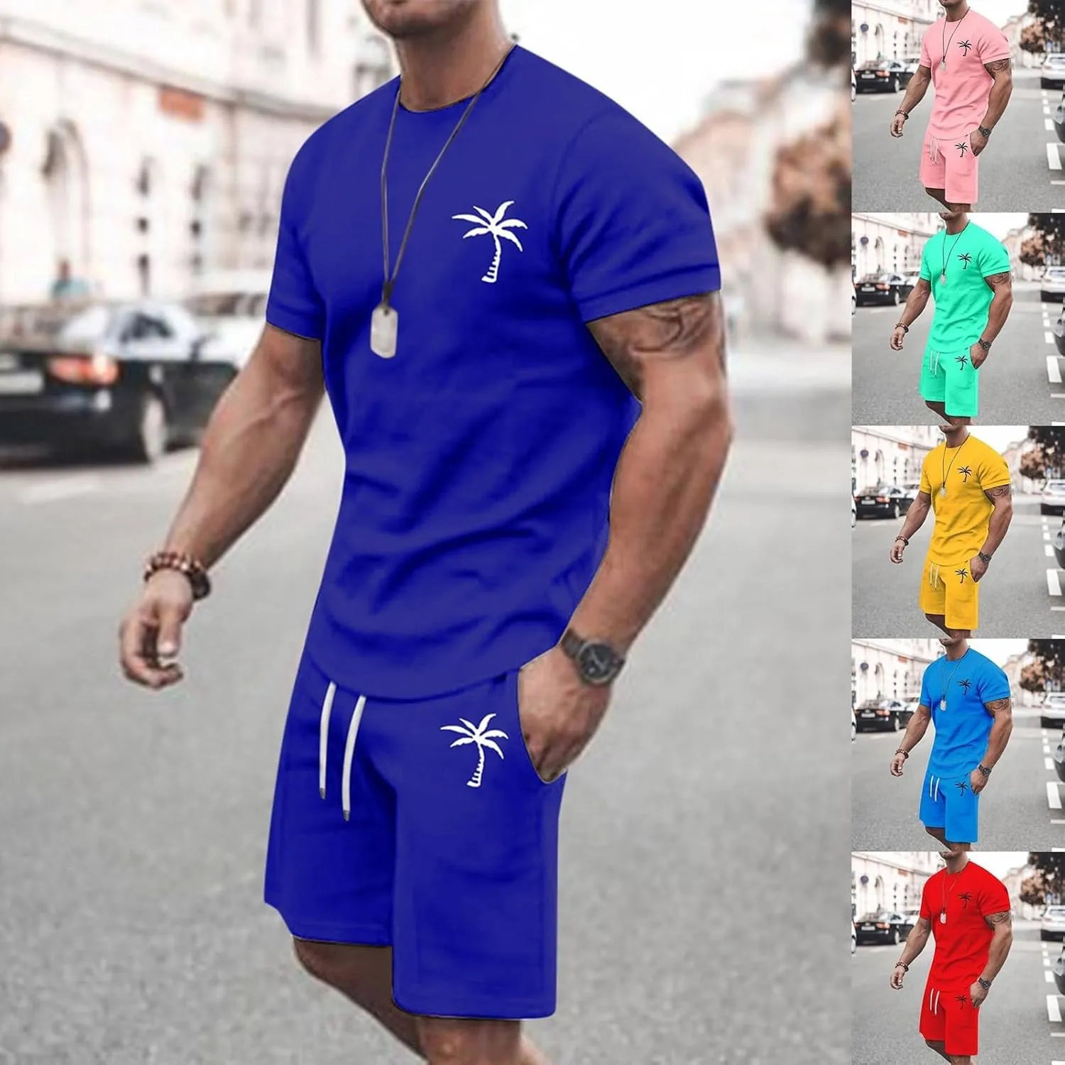 Men's Shorts Set 2 Piece Outfits Fashion Palm Print Short Sleeve Shirt and Bermuda Shorts Summer Casual Tracksuits