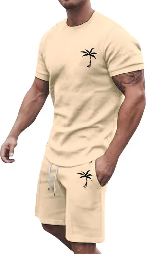 Men's Shorts Set 2 Piece Outfits Fashion Palm Print Short Sleeve Shirt and Bermuda Shorts Summer Casual Tracksuits