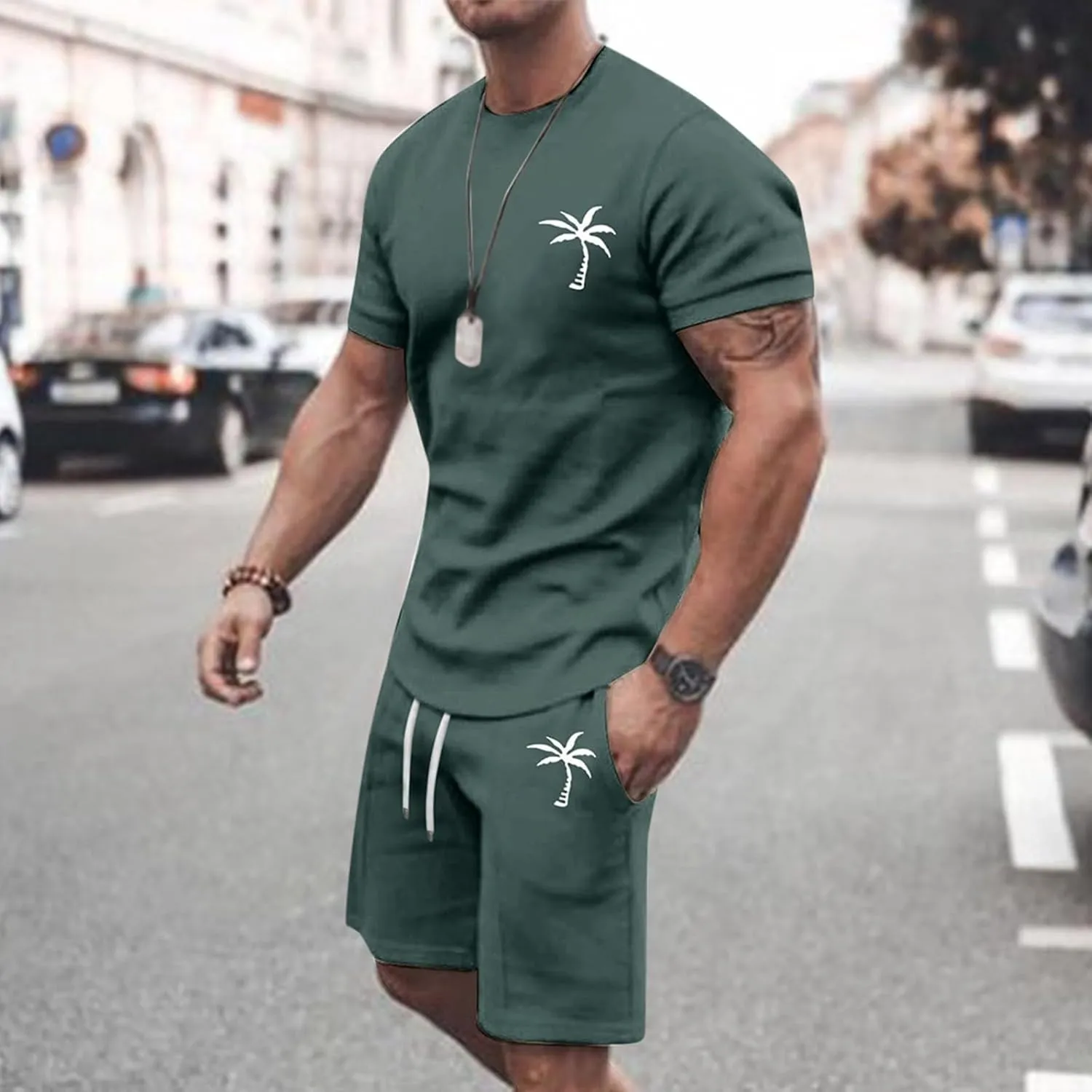 Men's Shorts Set 2 Piece Outfits Fashion Palm Print Short Sleeve Shirt and Bermuda Shorts Summer Casual Tracksuits