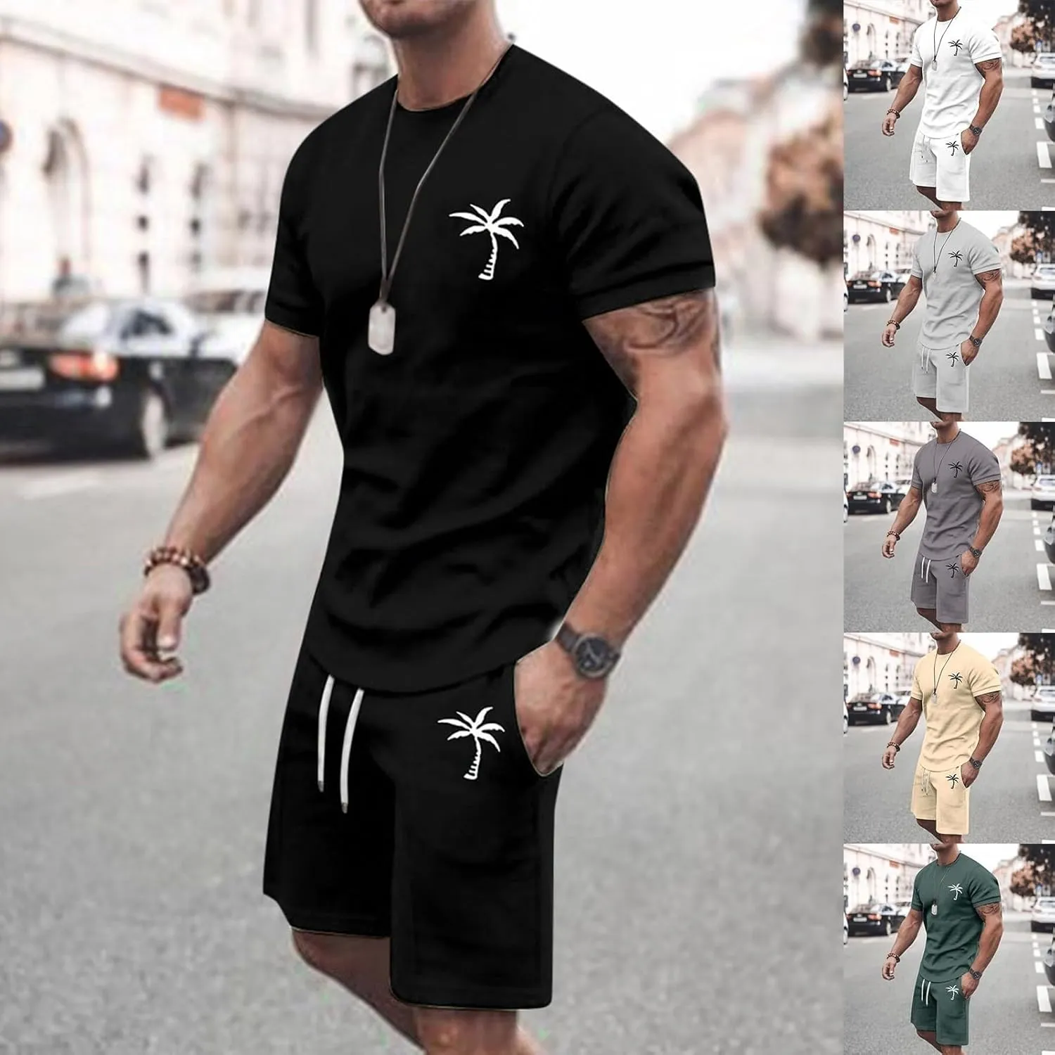 Men's Shorts Set 2 Piece Outfits Fashion Palm Print Short Sleeve Shirt and Bermuda Shorts Summer Casual Tracksuits