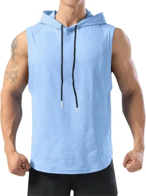 Men's Sleeveless Tank Tops with Hood Athletic Workout Gym Bodybuilding Pullover Summer Sport Basketball Vest Tops