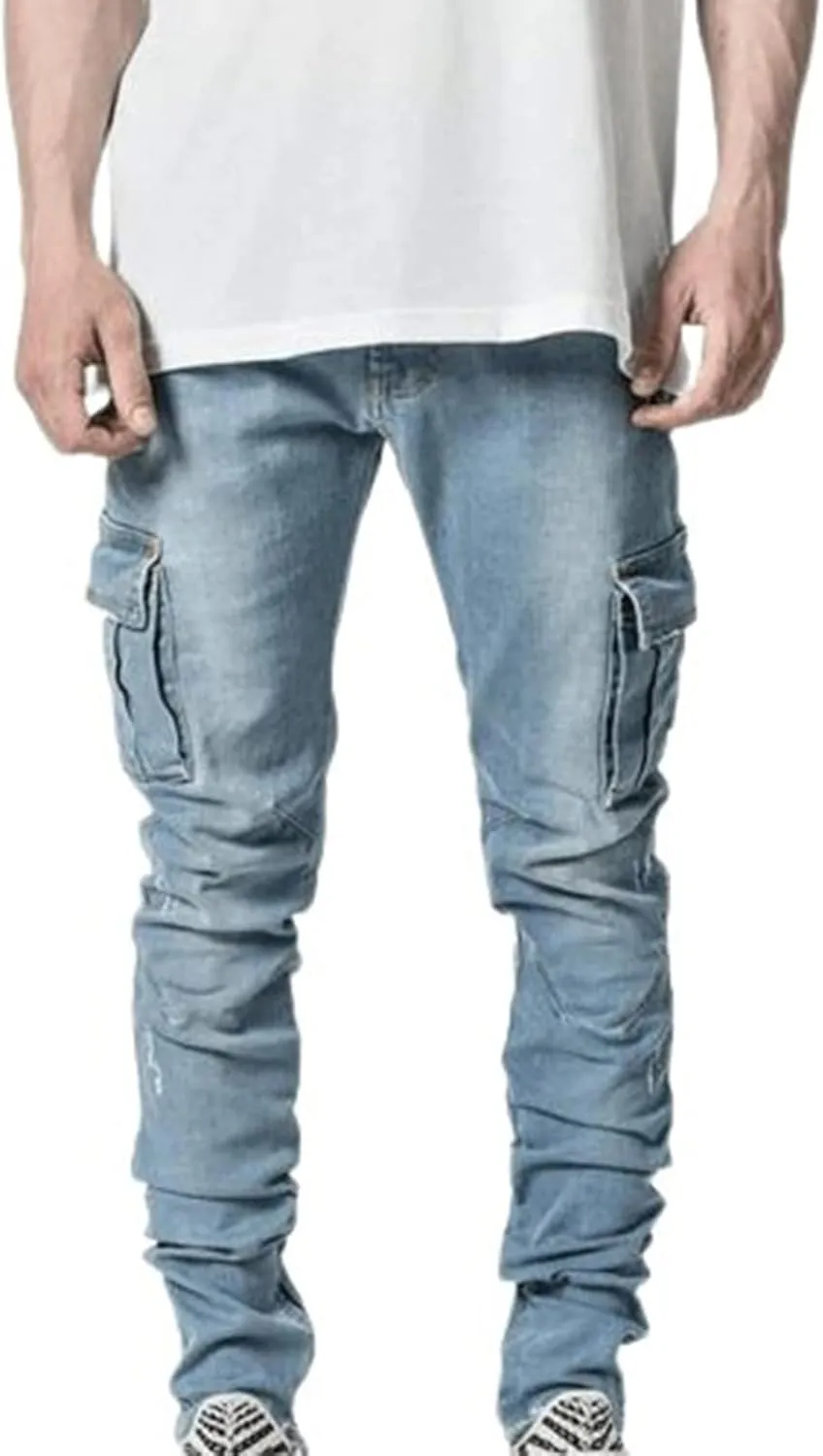 Mens Slim Fit Jeans Basic Denim Casual Cargo Work Trousers Stretch Skinny Trouser Straight Leg Jeans Tactical Pants