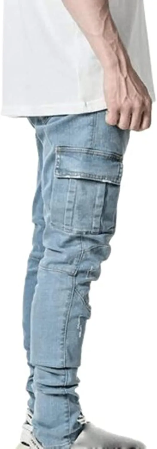 Mens Slim Fit Jeans Basic Denim Casual Cargo Work Trousers Stretch Skinny Trouser Straight Leg Jeans Tactical Pants