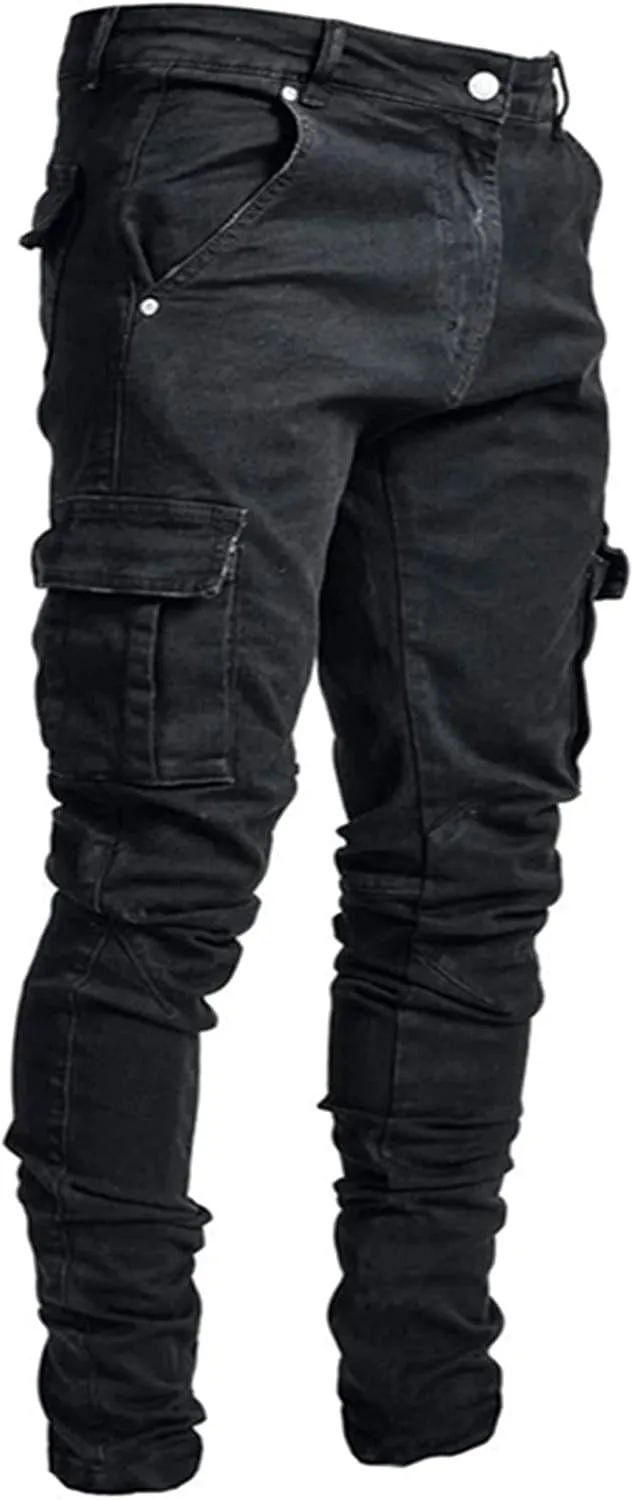 Mens Slim Fit Jeans Basic Denim Casual Cargo Work Trousers Stretch Skinny Trouser Straight Leg Jeans Tactical Pants