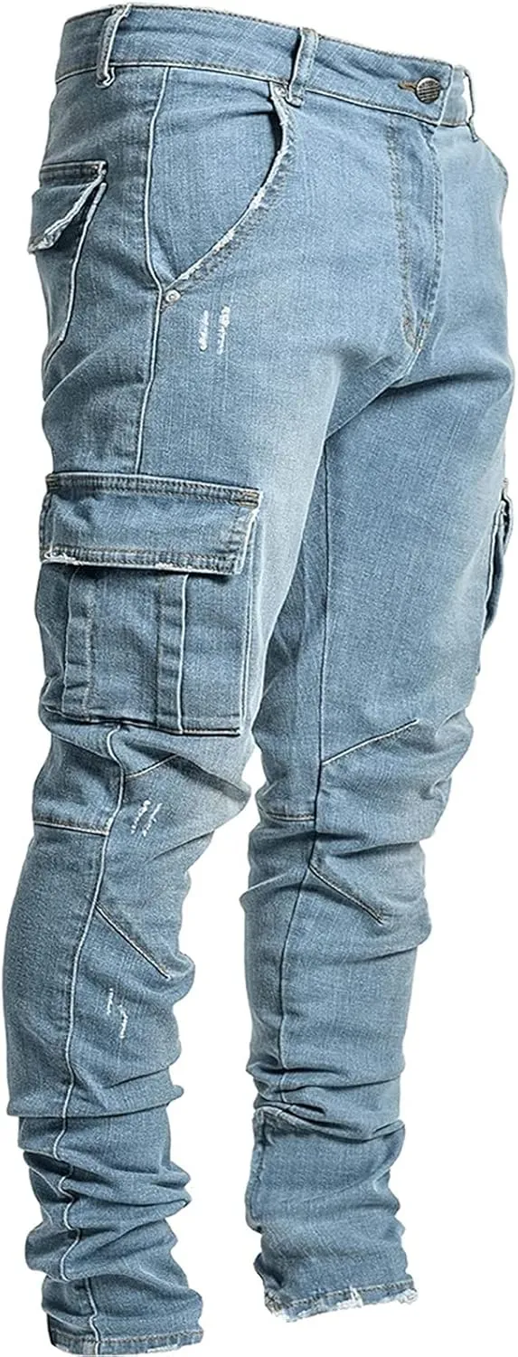 Mens Slim Fit Jeans Basic Denim Casual Cargo Work Trousers Stretch Skinny Trouser Straight Leg Jeans Tactical Pants