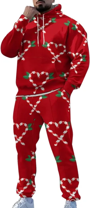 Men's Track Suits 2 Piece Set Active Christmas Drawstring Hooded Long Sleeved Athletic Running 2 Piece Sweatsuits