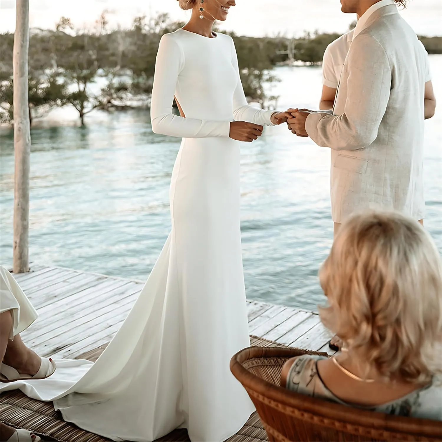 Mermaid Backless Satin Wedding Dresses for Bride Long Sleeve Bridal Gown Simple Engagement Dress with Train 2025