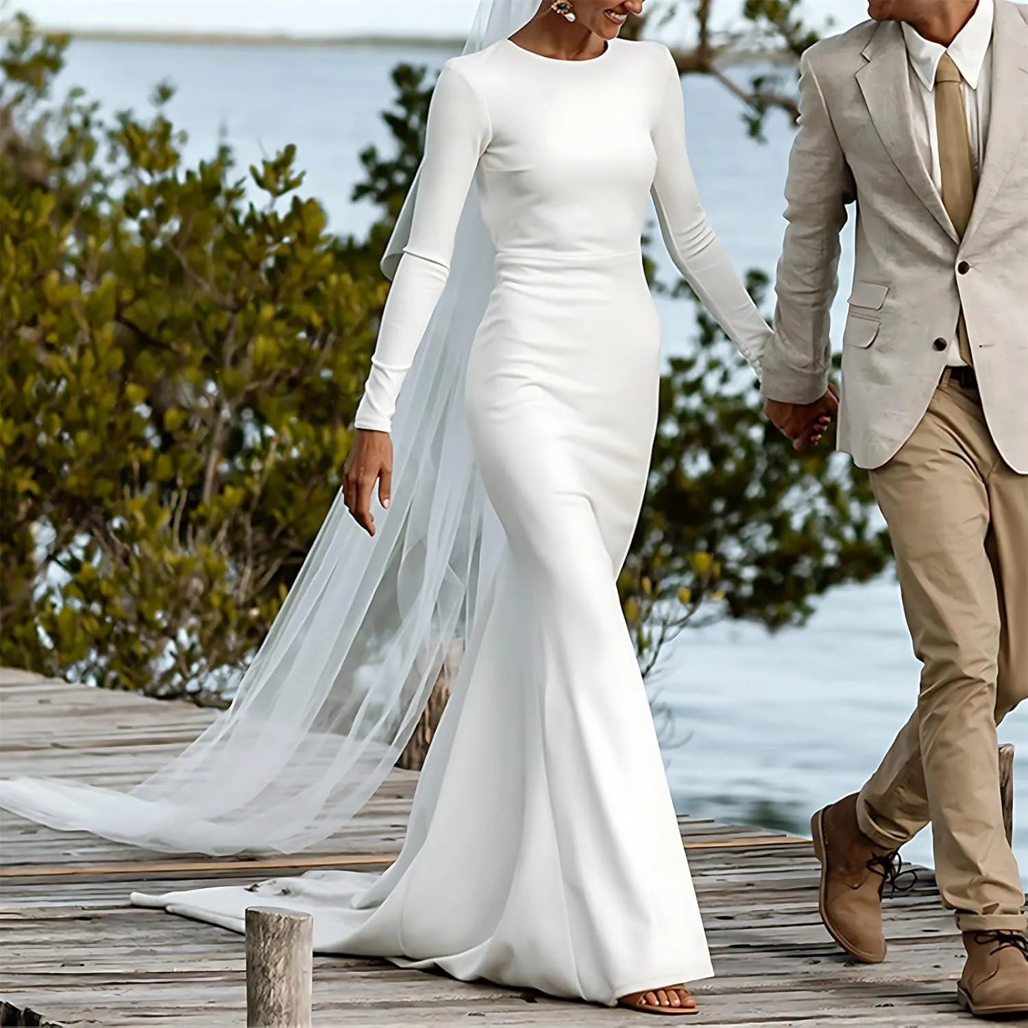 Mermaid Backless Satin Wedding Dresses for Bride Long Sleeve Bridal Gown Simple Engagement Dress with Train 2025