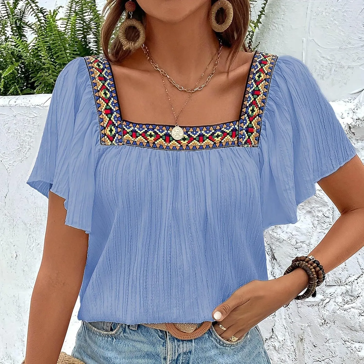 Mexican Shirts for Women Boho Embroidered Short Butterfly Sleeve Tops Square Neck Loose Blouses Peasant Tees Tunics