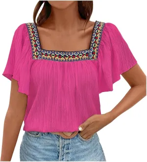 Mexican Shirts for Women Boho Embroidered Short Butterfly Sleeve Tops Square Neck Loose Blouses Peasant Tees Tunics