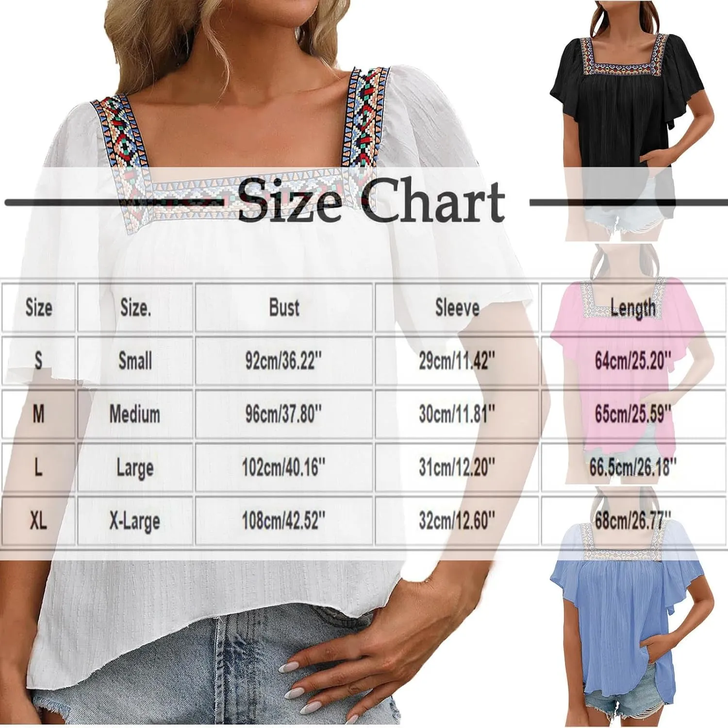 Mexican Shirts for Women Boho Embroidered Short Butterfly Sleeve Tops Square Neck Loose Blouses Peasant Tees Tunics