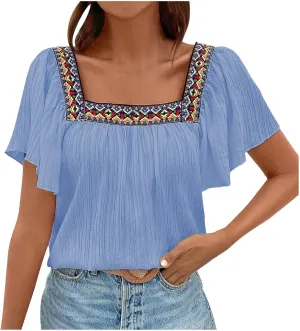 Mexican Shirts for Women Boho Embroidered Short Butterfly Sleeve Tops Square Neck Loose Blouses Peasant Tees Tunics
