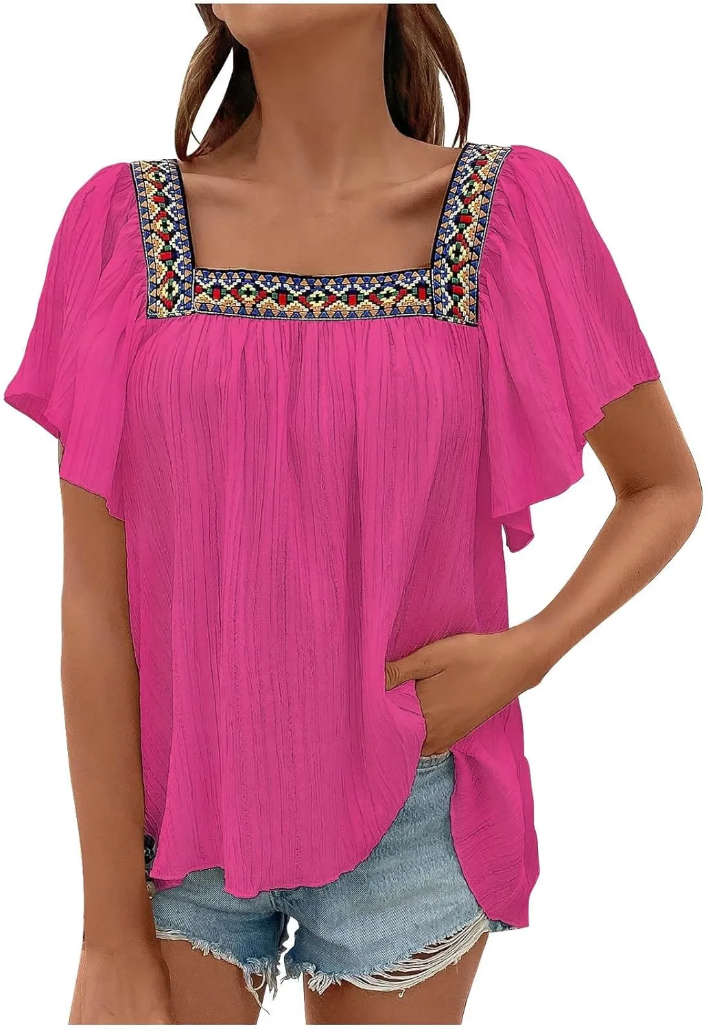 Mexican Shirts for Women Boho Embroidered Short Butterfly Sleeve Tops Square Neck Loose Blouses Peasant Tees Tunics
