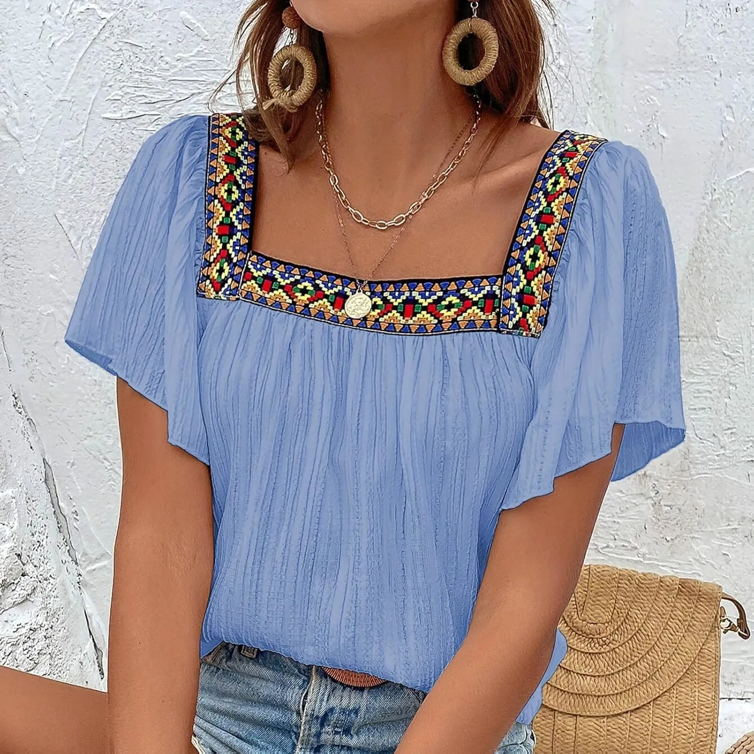 Mexican Shirts for Women Boho Embroidered Short Butterfly Sleeve Tops Square Neck Loose Blouses Peasant Tees Tunics