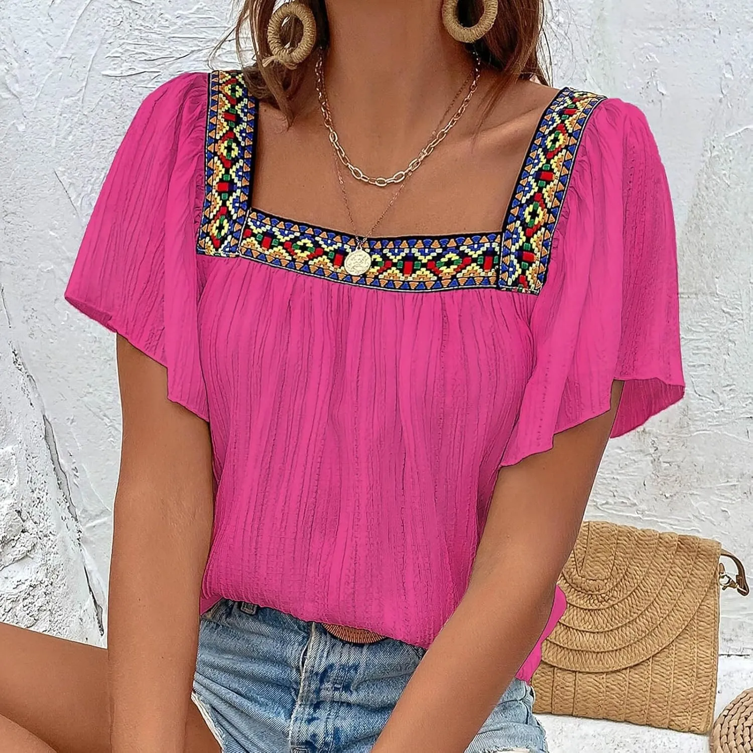 Mexican Shirts for Women Boho Embroidered Short Butterfly Sleeve Tops Square Neck Loose Blouses Peasant Tees Tunics