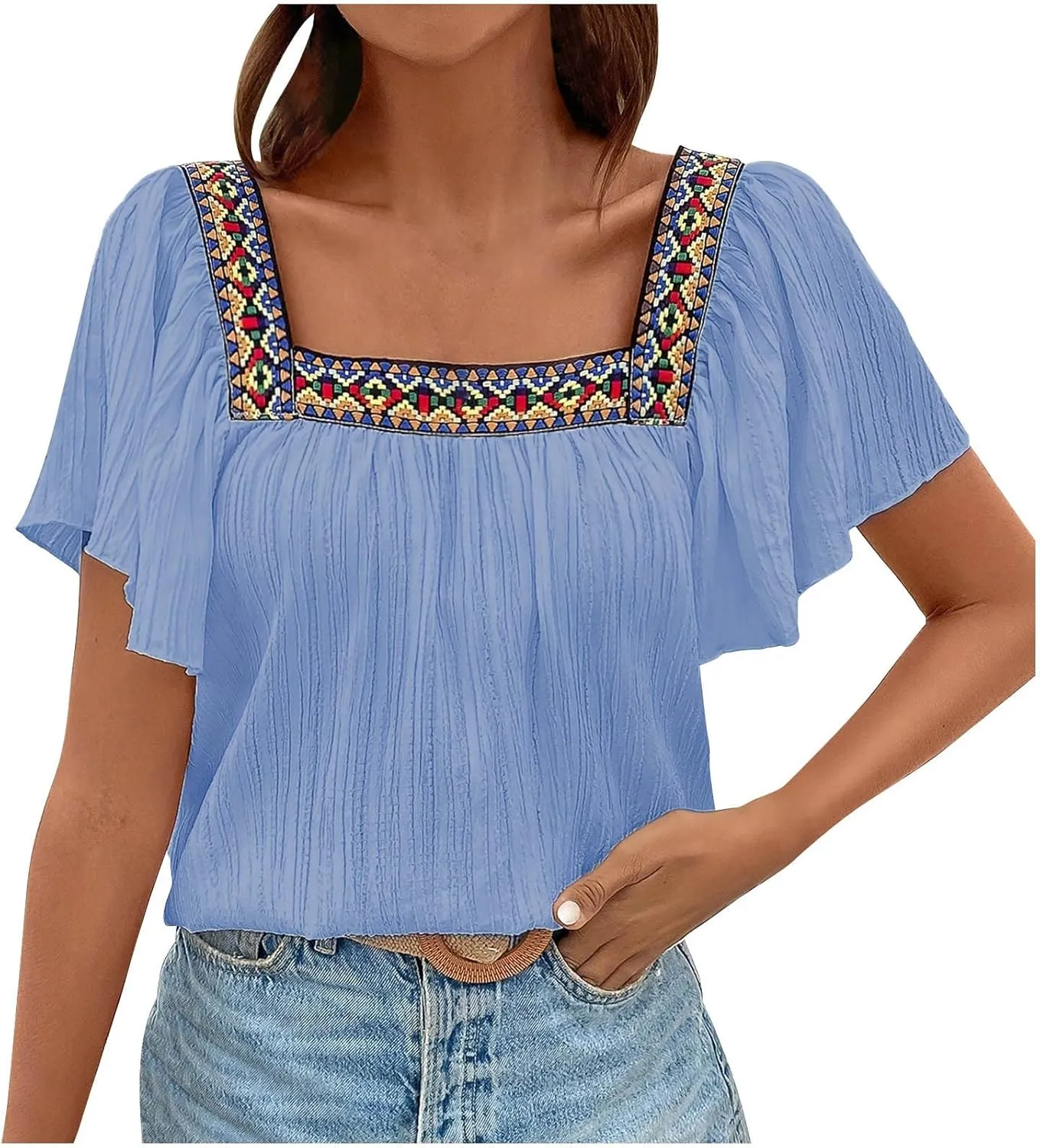 Mexican Shirts for Women Boho Embroidered Short Butterfly Sleeve Tops Square Neck Loose Blouses Peasant Tees Tunics