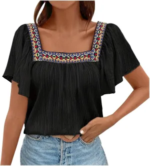 Mexican Shirts for Women Boho Embroidered Short Butterfly Sleeve Tops Square Neck Loose Blouses Peasant Tees Tunics