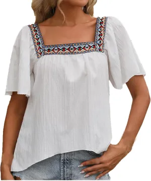 Mexican Shirts for Women Boho Embroidered Short Butterfly Sleeve Tops Square Neck Loose Blouses Peasant Tees Tunics