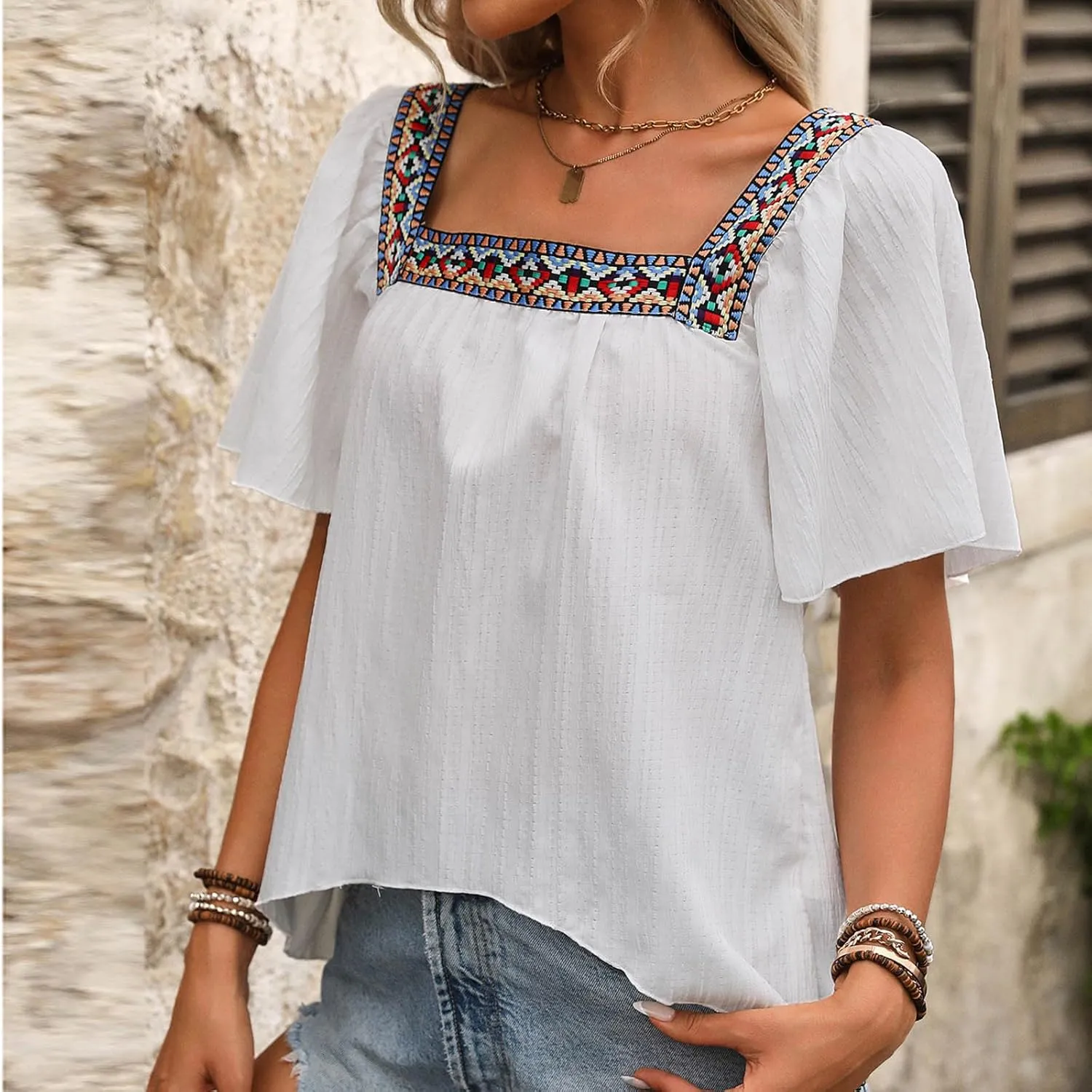 Mexican Shirts for Women Boho Embroidered Short Butterfly Sleeve Tops Square Neck Loose Blouses Peasant Tees Tunics