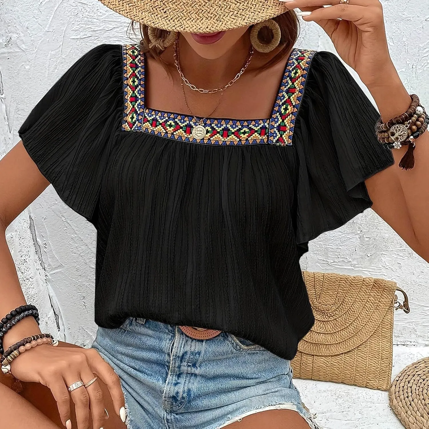 Mexican Shirts for Women Boho Embroidered Short Butterfly Sleeve Tops Square Neck Loose Blouses Peasant Tees Tunics