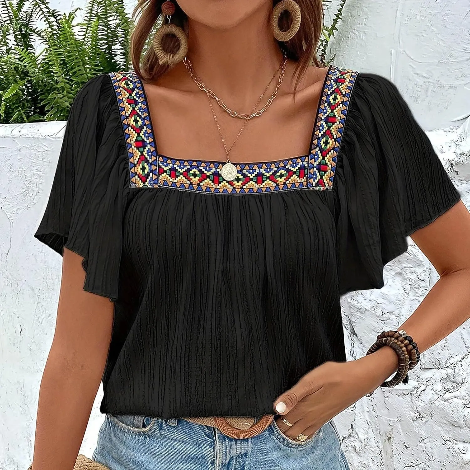 Mexican Shirts for Women Boho Embroidered Short Butterfly Sleeve Tops Square Neck Loose Blouses Peasant Tees Tunics