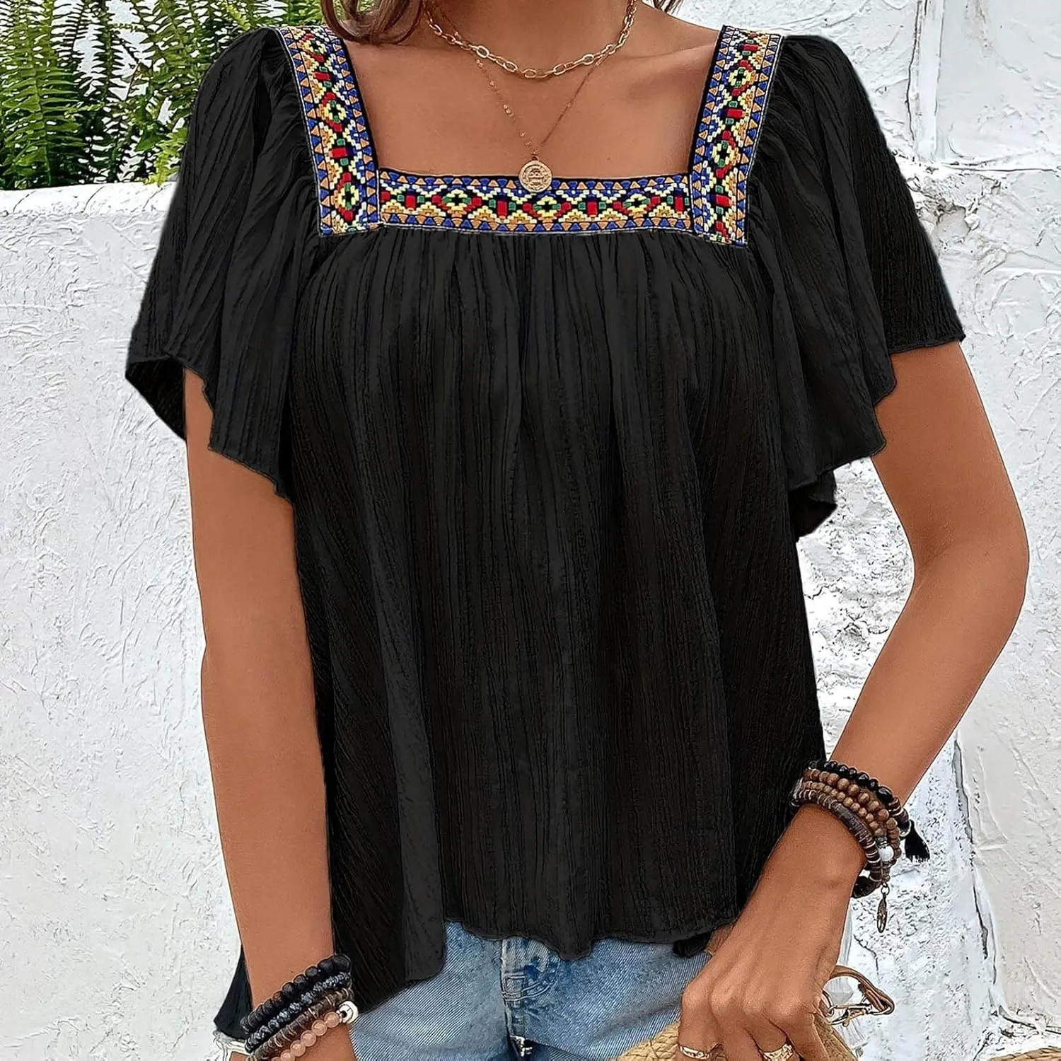 Mexican Shirts for Women Boho Embroidered Short Butterfly Sleeve Tops Square Neck Loose Blouses Peasant Tees Tunics