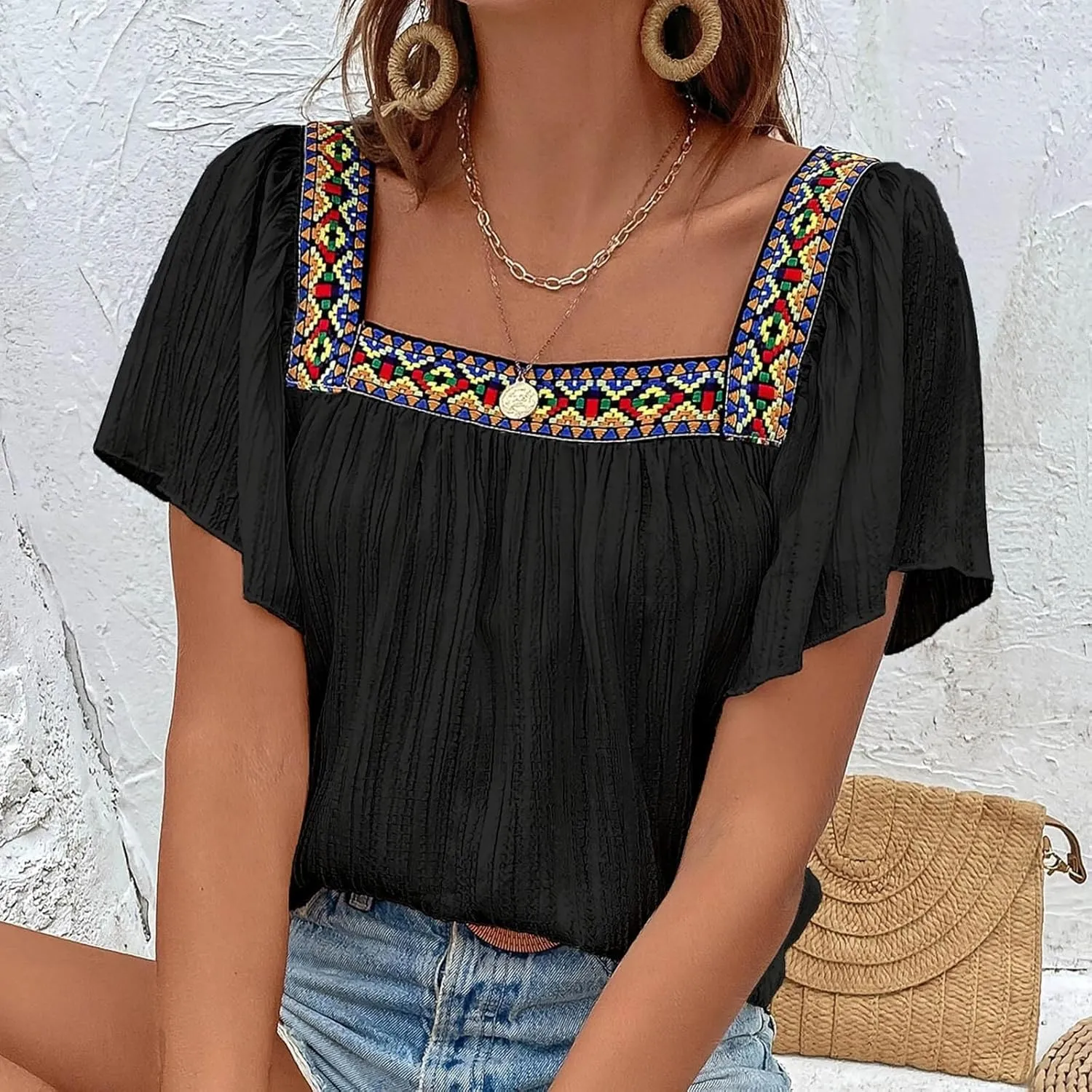 Mexican Shirts for Women Boho Embroidered Short Butterfly Sleeve Tops Square Neck Loose Blouses Peasant Tees Tunics