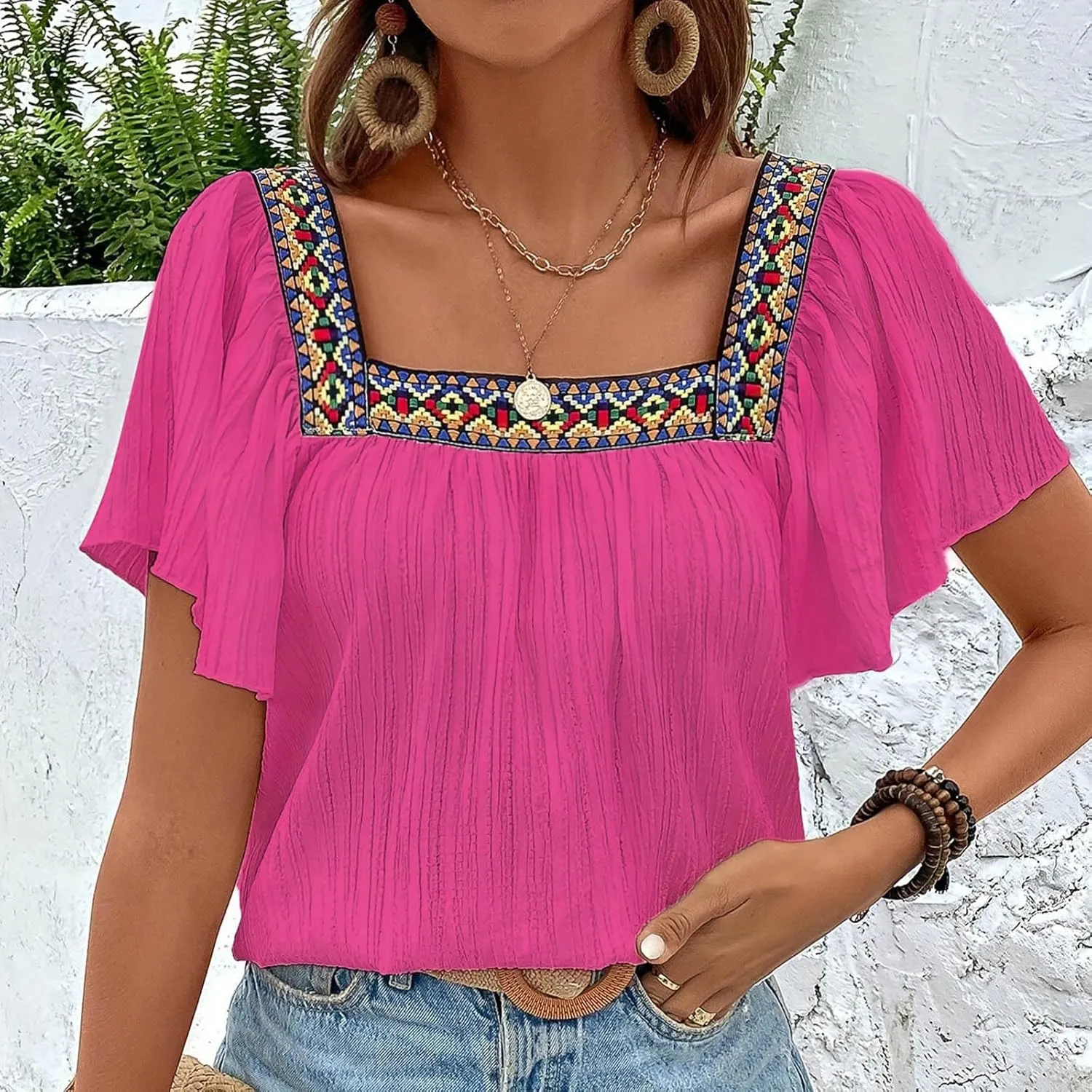 Mexican Shirts for Women Boho Embroidered Short Butterfly Sleeve Tops Square Neck Loose Blouses Peasant Tees Tunics