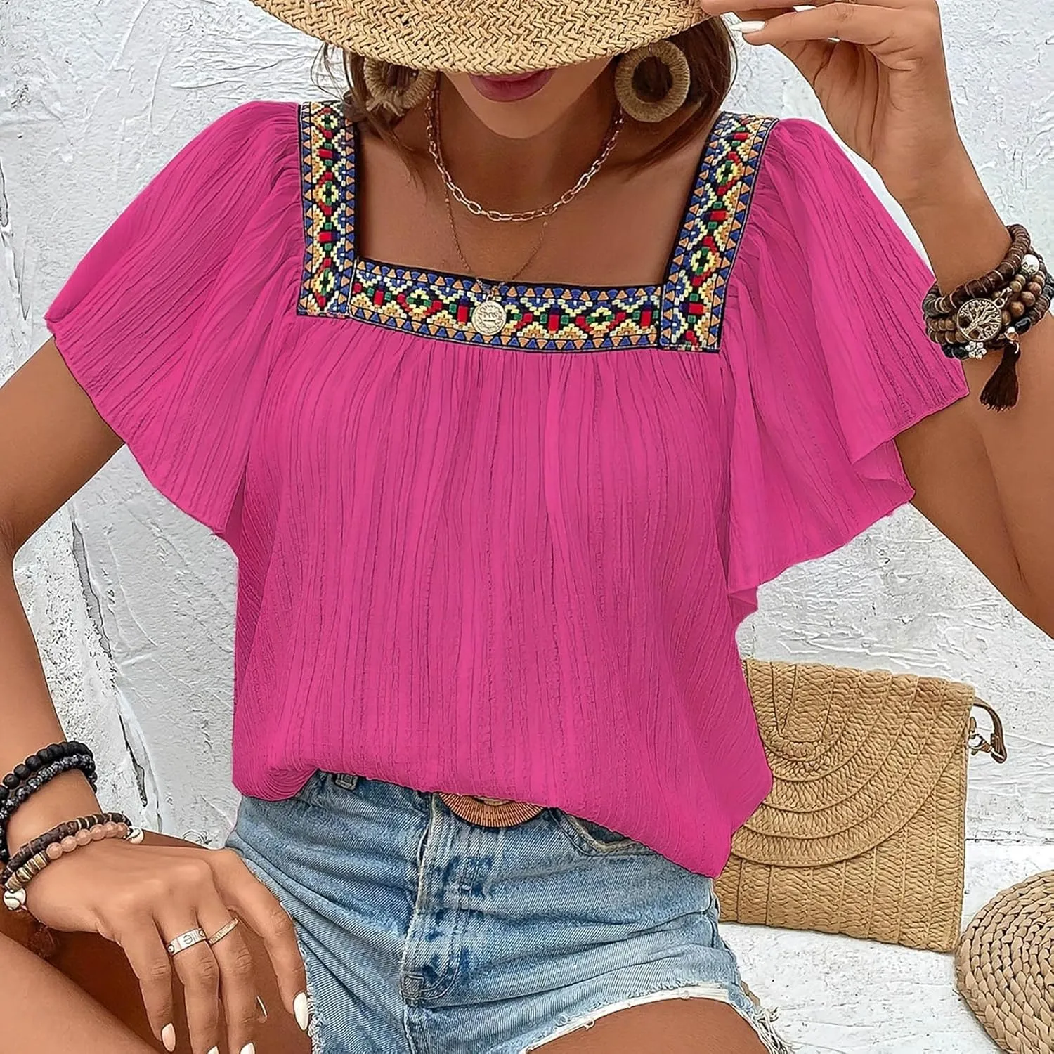 Mexican Shirts for Women Boho Embroidered Short Butterfly Sleeve Tops Square Neck Loose Blouses Peasant Tees Tunics
