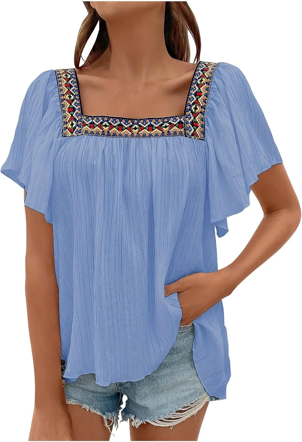 Mexican Shirts for Women Boho Embroidered Short Butterfly Sleeve Tops Square Neck Loose Blouses Peasant Tees Tunics